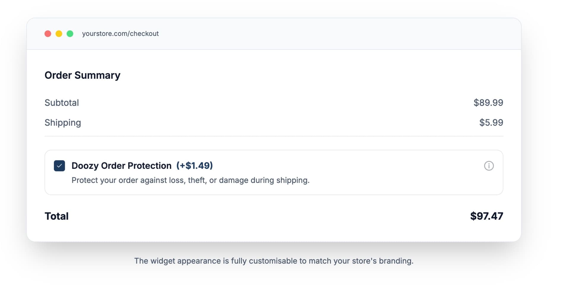 Doozy Order Protection checkout widget showing a branded opt-in checkbox with protection fee